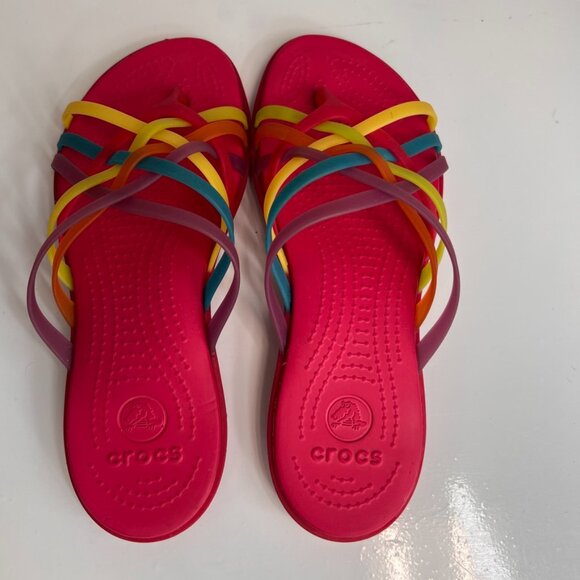 Crocs Sandal Women 8 Flip Flop Rainbow Strap Huarache Beach Cruise Pool Core Ex - Picture 6 of 12